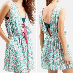 NWOT Plunging Flamingo Print Romper w/ Tassel